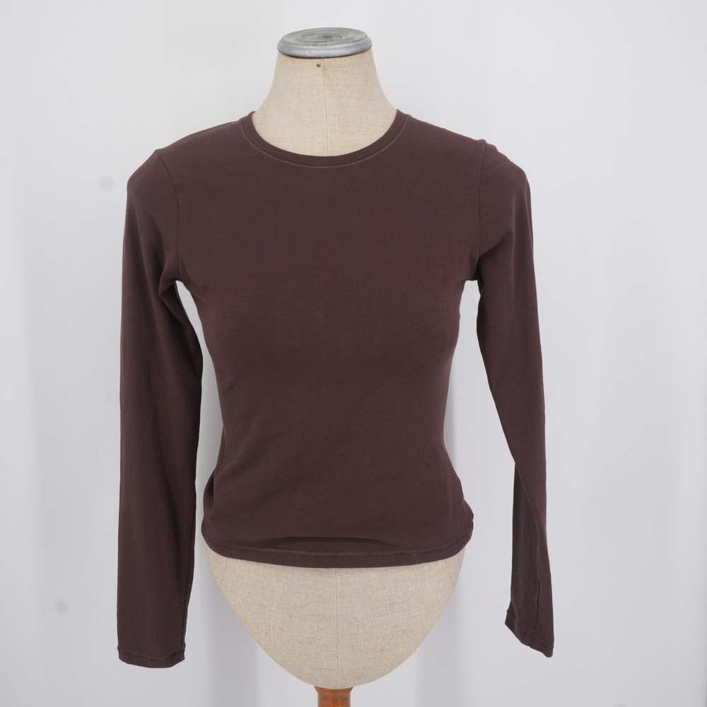 Quince Long Sleeve Tee Womens Small Brown Organic Cotton Stretch Crew Neck Basic